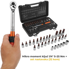 Mikro moment ključ 1/4" 5–25 Nm + set nastavaka (32 kom) | Kraft&Dele