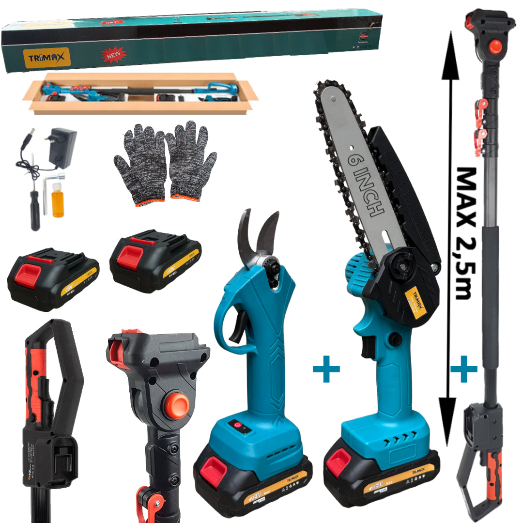 Trimax set aku pila + aku škare 24v x 2 + Teleskop TR-037